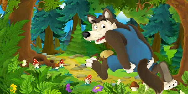 Kreslená scéna pohádkové pohádky s vlkem na louce v lese-ilustrace pro děti — Stock fotografie