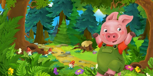 Сцена мультяшної казки зі свинячим фермером або працівником на лузі в лісі - ілюстрація для дітей — стокове фото