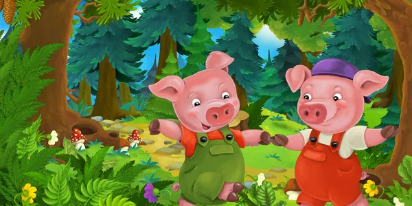 Cena de conto de fadas de desenhos animados com porcos agricultores ou trabalhadores no prado na floresta - ilustração para crianças — Fotografia de Stock