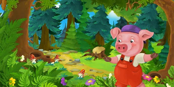 Cartoon-Märchenszene mit Schweinebauer oder Arbeiter auf der Wiese im Wald - Illustration für Kinder — Stockfoto