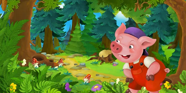 卡通童话场景与猪农或工人在森林的草地上 - 插图为儿童 — 图库照片