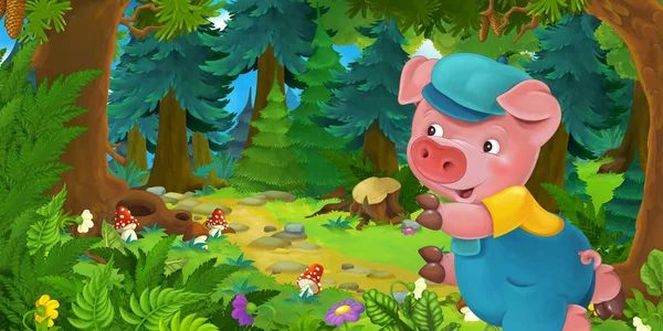 Cartoon-Märchenszene mit Schweinebauer oder Arbeiter auf der Wiese im Wald - Illustration für Kinder — Stockfoto