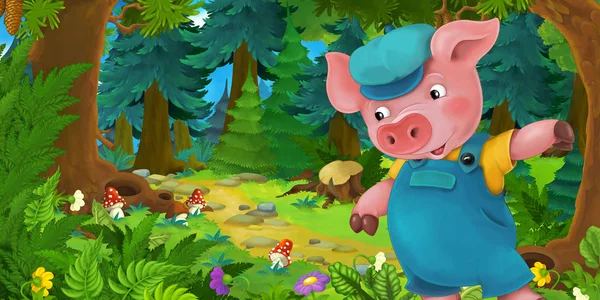 Cartoon-Märchenszene mit Schweinebauer oder Arbeiter auf der Wiese im Wald - Illustration für Kinder — Stockfoto