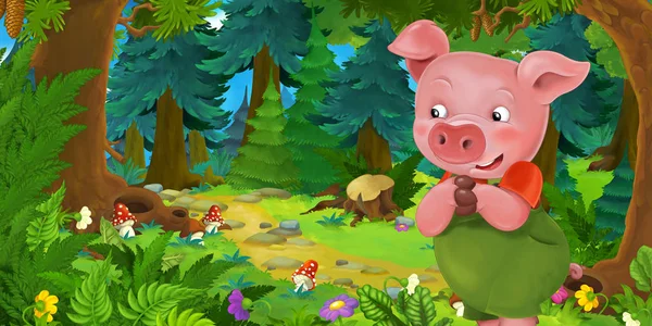 Cartoon-Märchenszene mit Schweinebauer oder Arbeiter auf der Wiese im Wald - Illustration für Kinder — Stockfoto