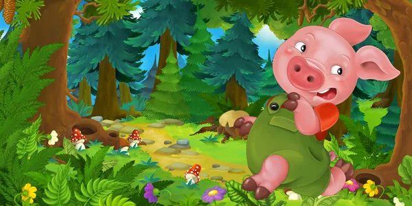 Cartoon-Märchenszene mit Schweinebauer oder Arbeiter auf der Wiese im Wald - Illustration für Kinder — Stockfoto