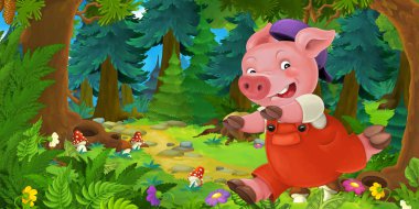 Ormanda çayırda domuz çiftçi veya işçi ile Karikatür peri masalı sahnesi - çocuklar için illüstrasyon