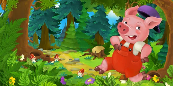 Ormanda çayırda domuz çiftçi veya işçi ile Karikatür peri masalı sahnesi - çocuklar için illüstrasyon — Stok fotoğraf