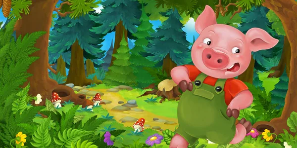 Cartoon sprookje scène met varken boer of arbeider op de weide in het bos-illustratie voor kinderen — Stockfoto