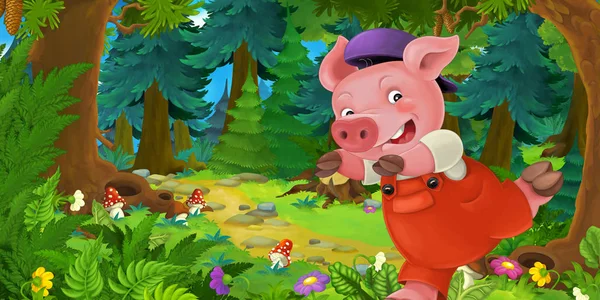 Cartoon-Märchenszene mit Schweinebauer oder Arbeiter auf der Wiese im Wald - Illustration für Kinder — Stockfoto