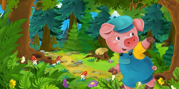 Cartoon-Märchenszene mit Schweinebauer oder Arbeiter auf der Wiese im Wald - Illustration für Kinder — Stockfoto