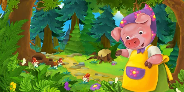 Cartoon-Märchenszene mit Schweinebäuerin Mutter auf der Wiese im Wald - Illustration für Kinder — Stockfoto