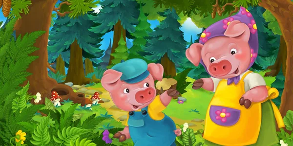 Cartoon fairy tale scene with pig farmer mother and son on the meadow in the forest - illustration for children