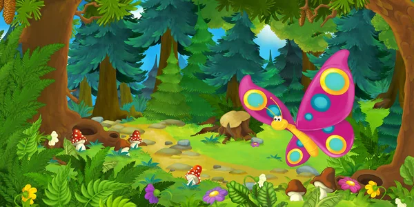 Scena estiva dei cartoni animati con foresta profonda e farfalla che vola - nessuno sulla scena - illustrazione per bambini — Foto Stock