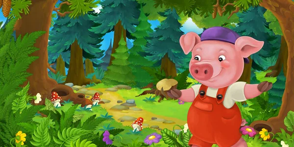 Tecknad saga plats med Pig bonde eller arbetare på ängen i skogen-illustration för barn — Stockfoto