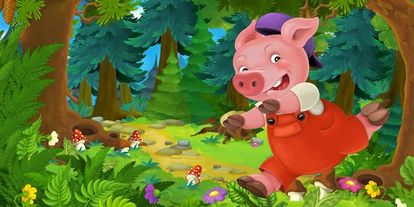 Cartoon-Märchenszene mit Schweinebauer oder Arbeiter auf der Wiese im Wald - Illustration für Kinder — Stockfoto