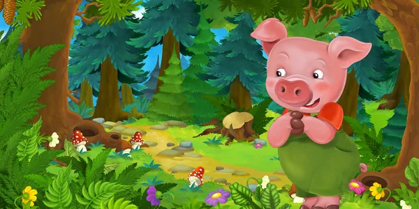 Escena de cuento de hadas de dibujos animados con criador de cerdos o trabajador en el prado en el bosque - ilustración para niños — Foto de Stock