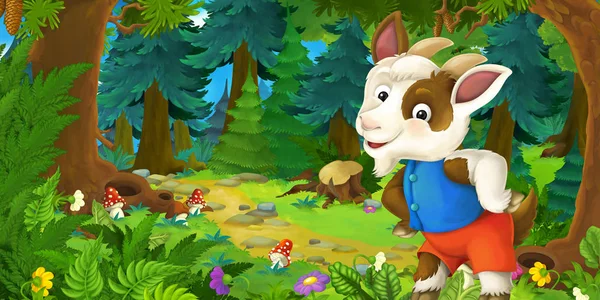 Cartoon mesebeli jelenet kecsketenyésztővel a réten az erdőben-illusztráció gyerekeknek — Stock Fotó