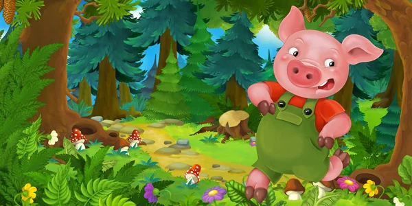 Ormanda çayırda domuz çiftçi veya işçi ile Karikatür peri masalı sahnesi - çocuklar için illüstrasyon — Stok fotoğraf