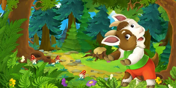 Escena de cuento de hadas de dibujos animados con ganadero de cabras en el prado en el bosque - ilustración para niños —  Fotos de Stock