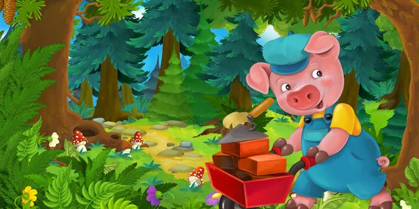 Cartoon-Märchenszene mit Schweinebauer oder Arbeiter auf der Wiese im Wald - Illustration für Kinder — Stockfoto