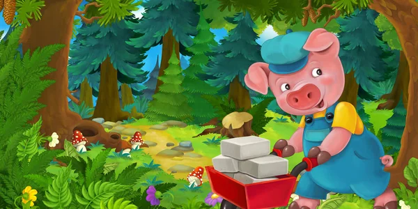 Cartoon sprookje scène met varken boer of arbeider op de weide in het bos-illustratie voor kinderen — Stockfoto