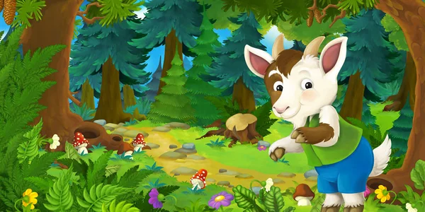 Cartoon fairy tale scene with goat farmer on the meadow in the forest - illustration for children — Stock Photo, Image