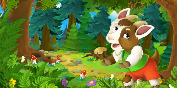 Cartoon-Märchenszene mit Ziegenbauer auf der Wiese im Wald - Illustration für Kinder — Stockfoto