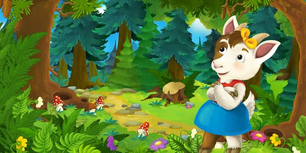 Cena de conto de fadas dos desenhos animados com fazendeiro de cabras no prado na floresta ilustração para crianças — Fotografia de Stock