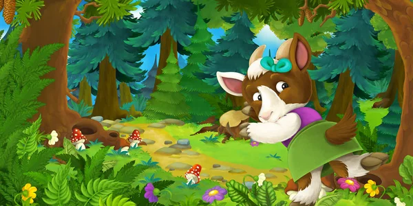 Escena de cuento de hadas de dibujos animados con niña agricultora de cabras en el prado en el bosque - ilustración para niños — Foto de Stock