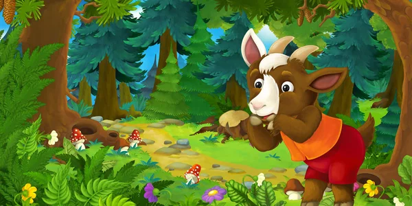 Cartoon fairy tale scene with goat farmer on the meadow in the forest - illustration for children — Stock Photo, Image