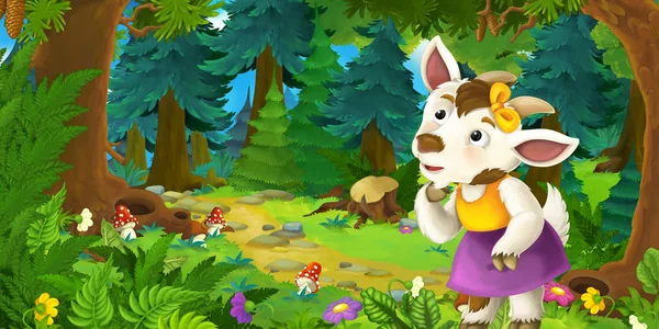 Escena de cuento de hadas de dibujos animados con niña agricultora de cabras en el prado en el bosque - ilustración para niños —  Fotos de Stock