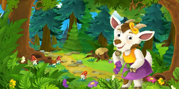 卡通童话场景与山羊女孩农民在森林的草地上 - 插图为儿童 — 图库照片