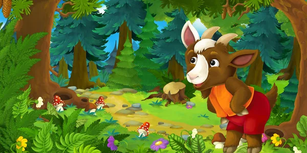 Сцена мультяшної казки з козиним фермером на лузі в лісі - ілюстрація для дітей — стокове фото