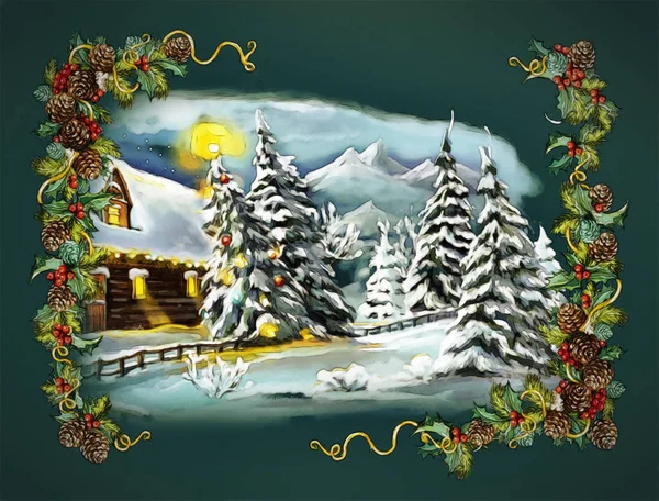 Vánoční zimní šťastný scéna - ilustrace pro děti — Stock fotografie