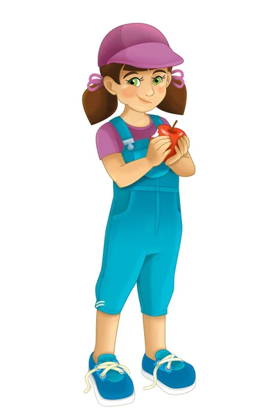 Scenă de desene animate cu o fată tânără care deține un măr pentru a-l mânca pe fundal alb ilustrație pentru copii — Fotografie, imagine de stoc