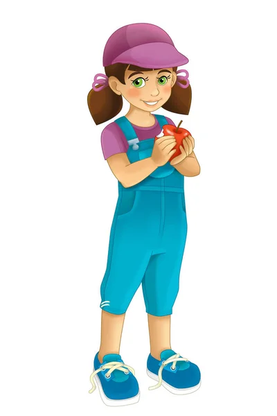 Tecknad scen med ung flicka som håller ett äpple för att äta den på vit bakgrund-illustration för barn — Stockfoto