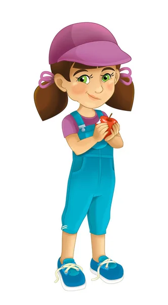 Cartoon scene with young girl holding an apple in order to eat it on white background - illustration for children — Stock Photo, Image