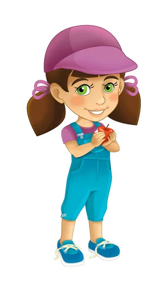Scène de dessin animé avec une jeune fille tenant une pomme afin de la manger sur fond blanc illustration pour les enfants — Photo