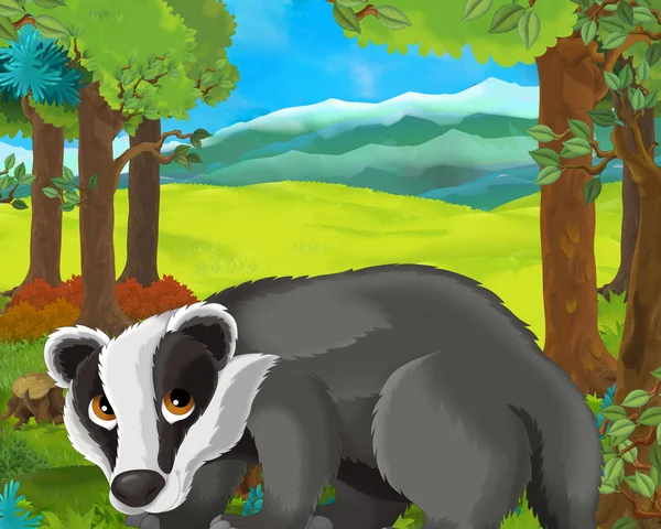 Мультфильм-сцена с барсуком в лесу - иллюстрация для детей — стоковое фото