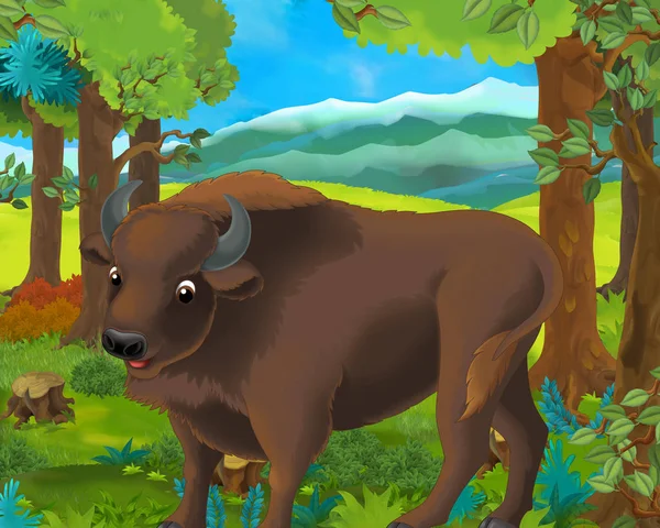 Scène de bande dessinée avec de joyeux aurochs sauvages debout dans la forêt - illustration pour enfants — Photo