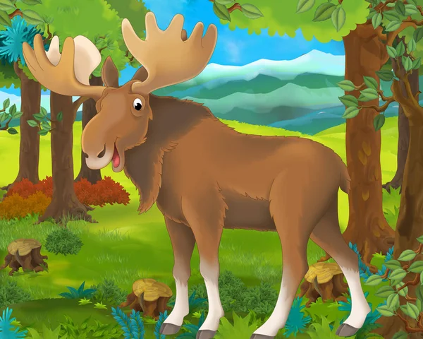 Cena de animais de desenhos animados com alce na floresta - ilustração para crianças — Fotografia de Stock