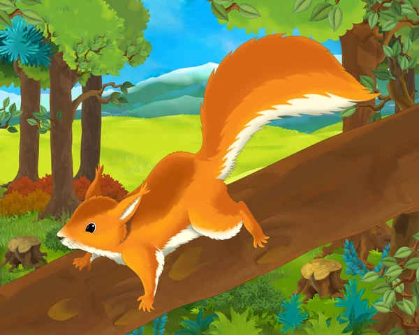 Cena de desenhos animados com esquilo feliz na árvore - na floresta - ilustração para crianças — Fotografia de Stock