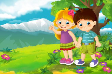 doğa ve çocuklar ile karikatür sahnesi - çocuklar için illüstrasyon