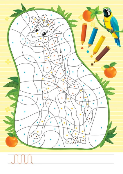 cartoon scene with kids exercise coloring page with pattern with giraffe - illustration for children