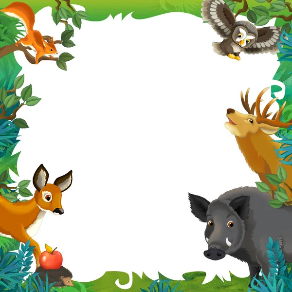 Doğa çerçeve ve hayvanlar domuz geyik sincap baykuş kirpi ile karikatür sahne - çocuklar için illüstrasyon — Stok fotoğraf