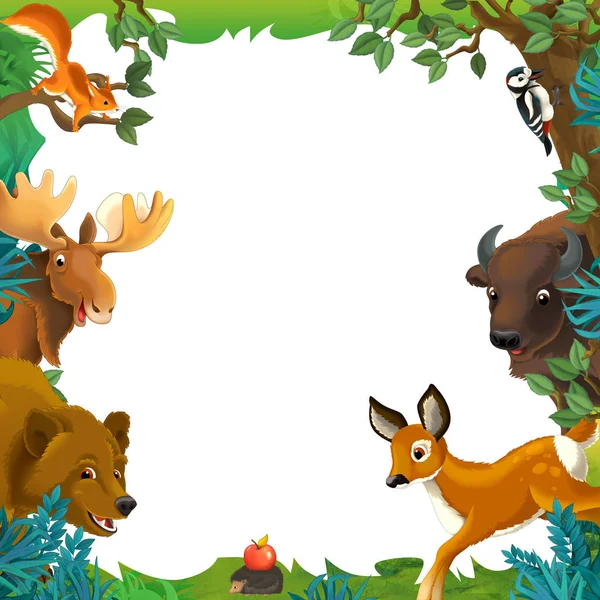 cartoon scene with nature frame and animals moose bear squirrel hedgehog - illustration for children