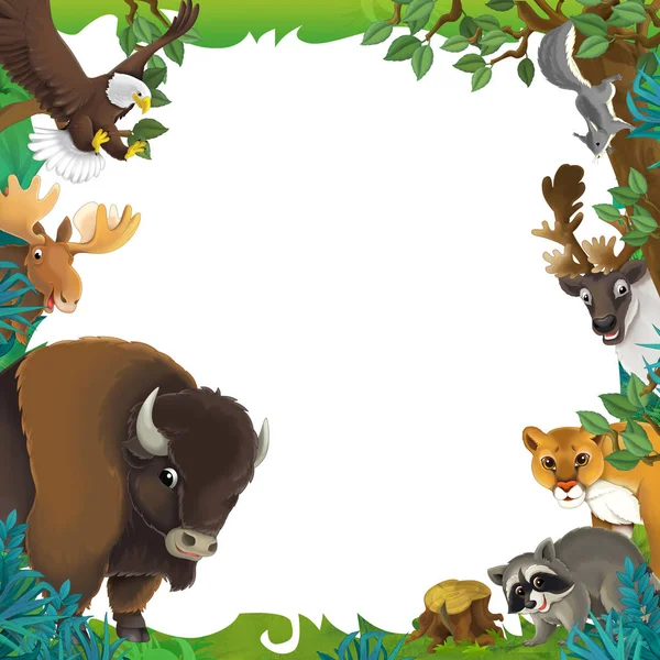 cartoon scene with nature frame and animals reindeer eagle moose cat raccoon - illustration for children