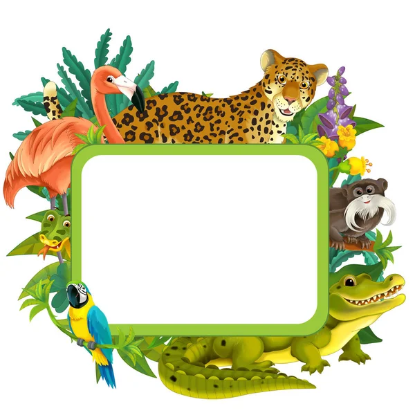 Escena de dibujos animados con marco de la naturaleza y animales gato loro flamenco cocodrilo - ilustración para los niños —  Fotos de Stock