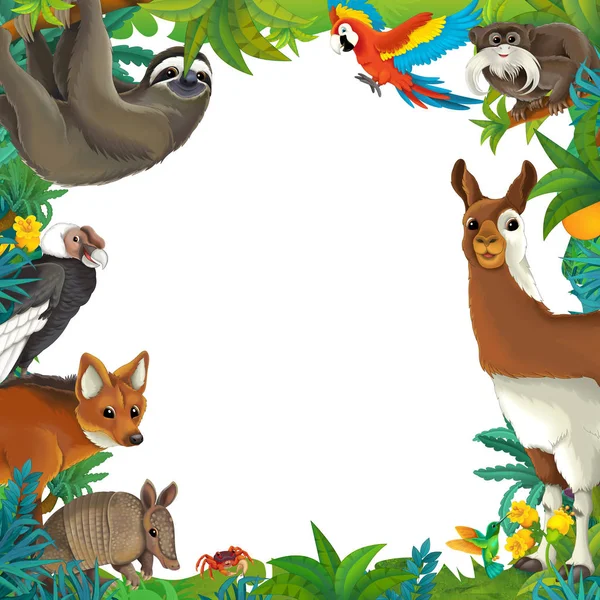 cartoon scene with nature frame and animals - illustration for children