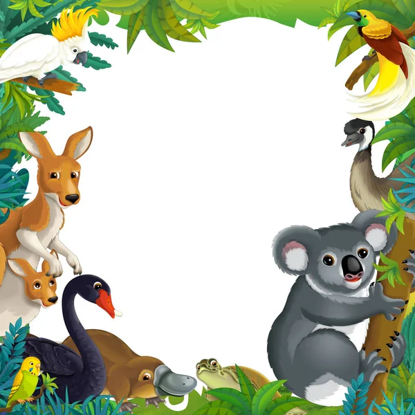 Kreslená scéna s přírodním rámečkem a zvířaty-ilustrace pro děti — Stock fotografie